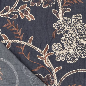 Geborduurde denimstof &ndash; 100% katoen, bloemenmotief, 148 cm