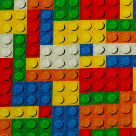 Tricot met Lego-print – Stoere rekbare stof, 150 cm breed