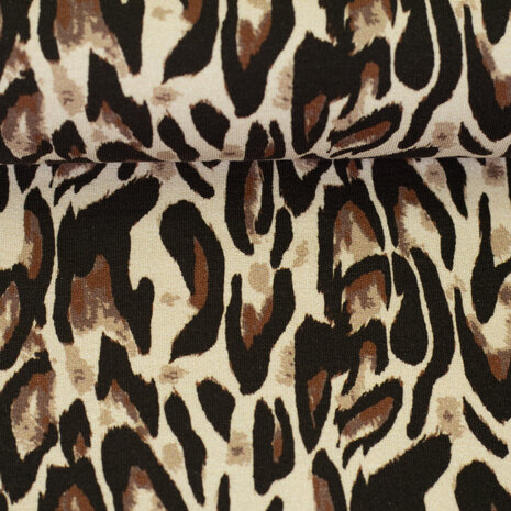 Tricot Leska met panterprint – Modieuze rekbare stof, 150 cm breed
