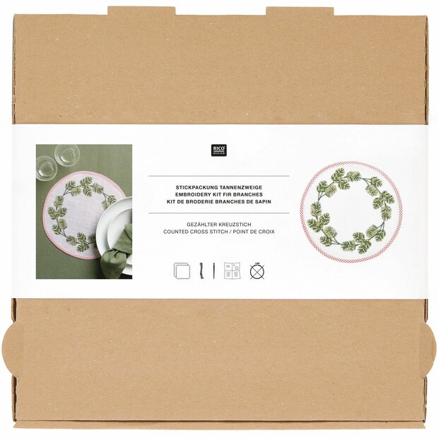 Borduurpakket placemat rond dennentakken