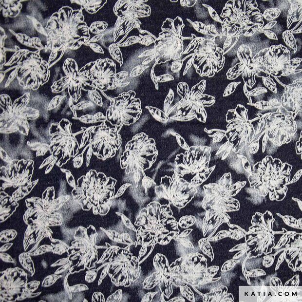 Denimstof Flowers &ndash; Denim met reli&euml;f bloemenmotief | Romantische denim per meter