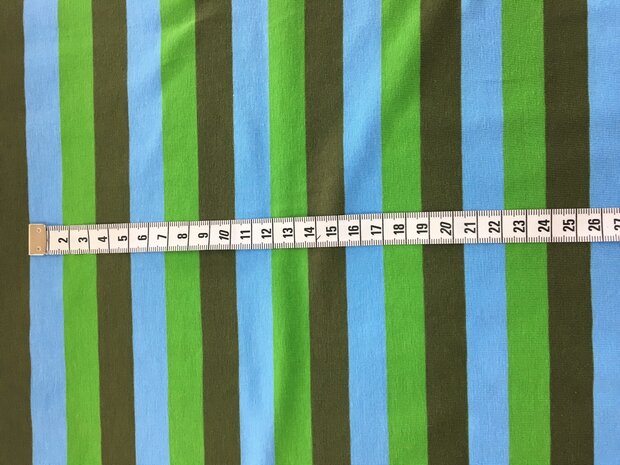 Nooteboom Tricot stof groen bruin blauwe streep 140 cm katoen elastan