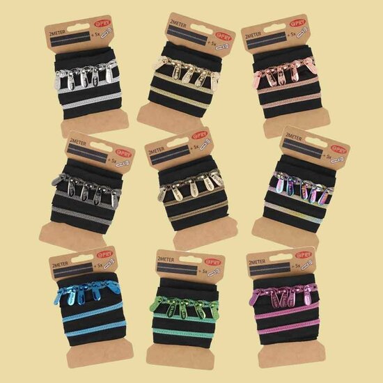 Spiraal rits metallic regenboog incl. 5 schuivers