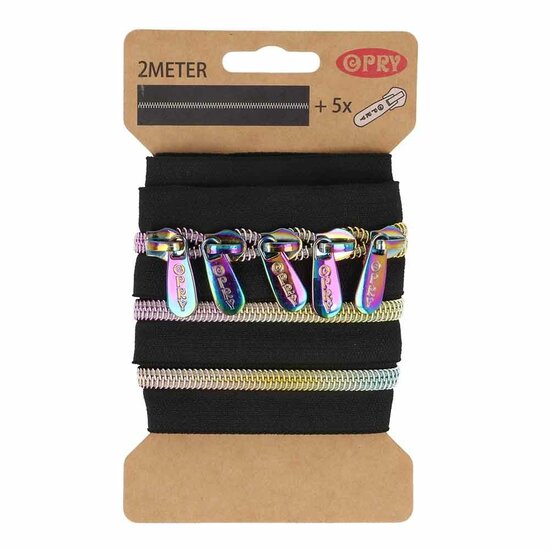 Spiraal rits metallic regenboog incl. 5 schuivers