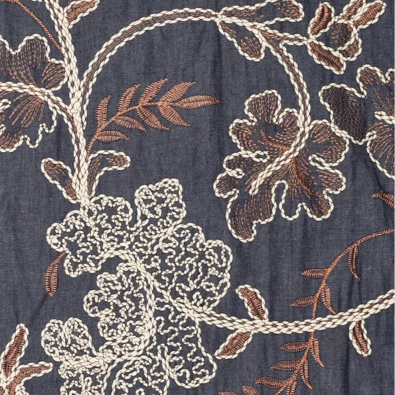 Geborduurde denimstof – 100% katoen, bloemenmotief, 148 cm