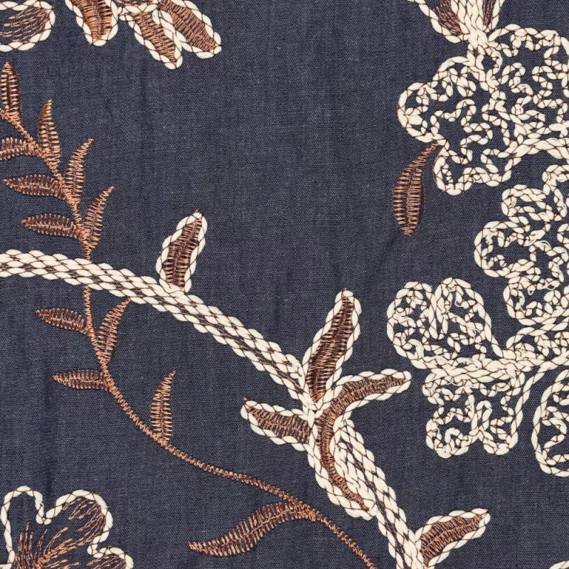 Geborduurde denimstof – 100% katoen, bloemenmotief, 148 cm