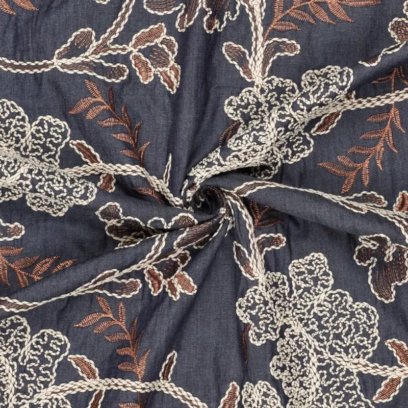 Geborduurde denimstof – 100% katoen, bloemenmotief, 148 cm