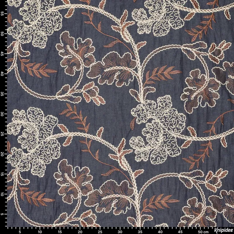 Geborduurde denimstof – 100% katoen, bloemenmotief, 148 cm
